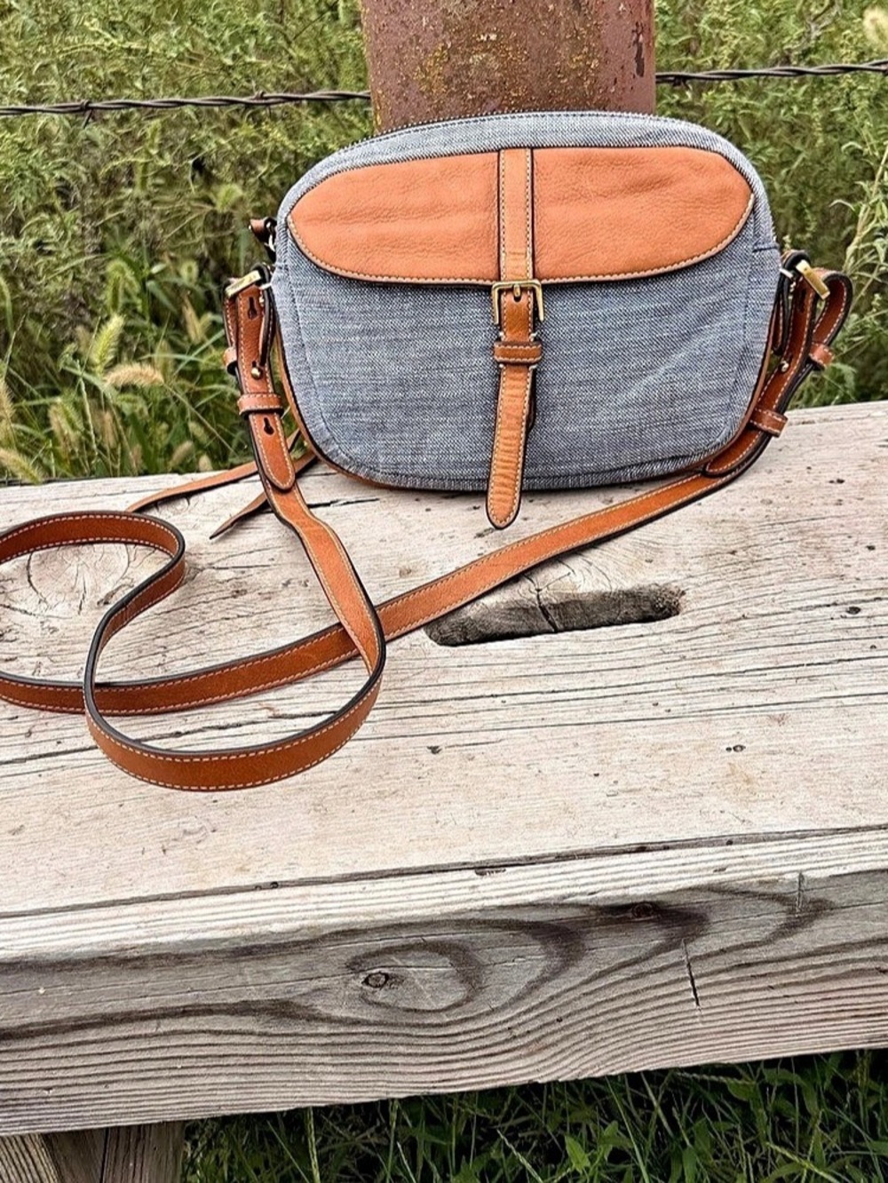 Fossil Harwell Small Flap Crossbody Blue & Brown Bag